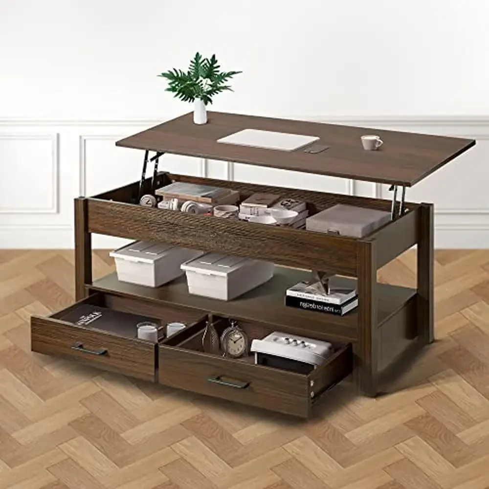 Retro Coffee Table Lift Top with Storage Drawers and Hidden Compartment Sturdy Wooden Central Table Living Room Easy Assembly