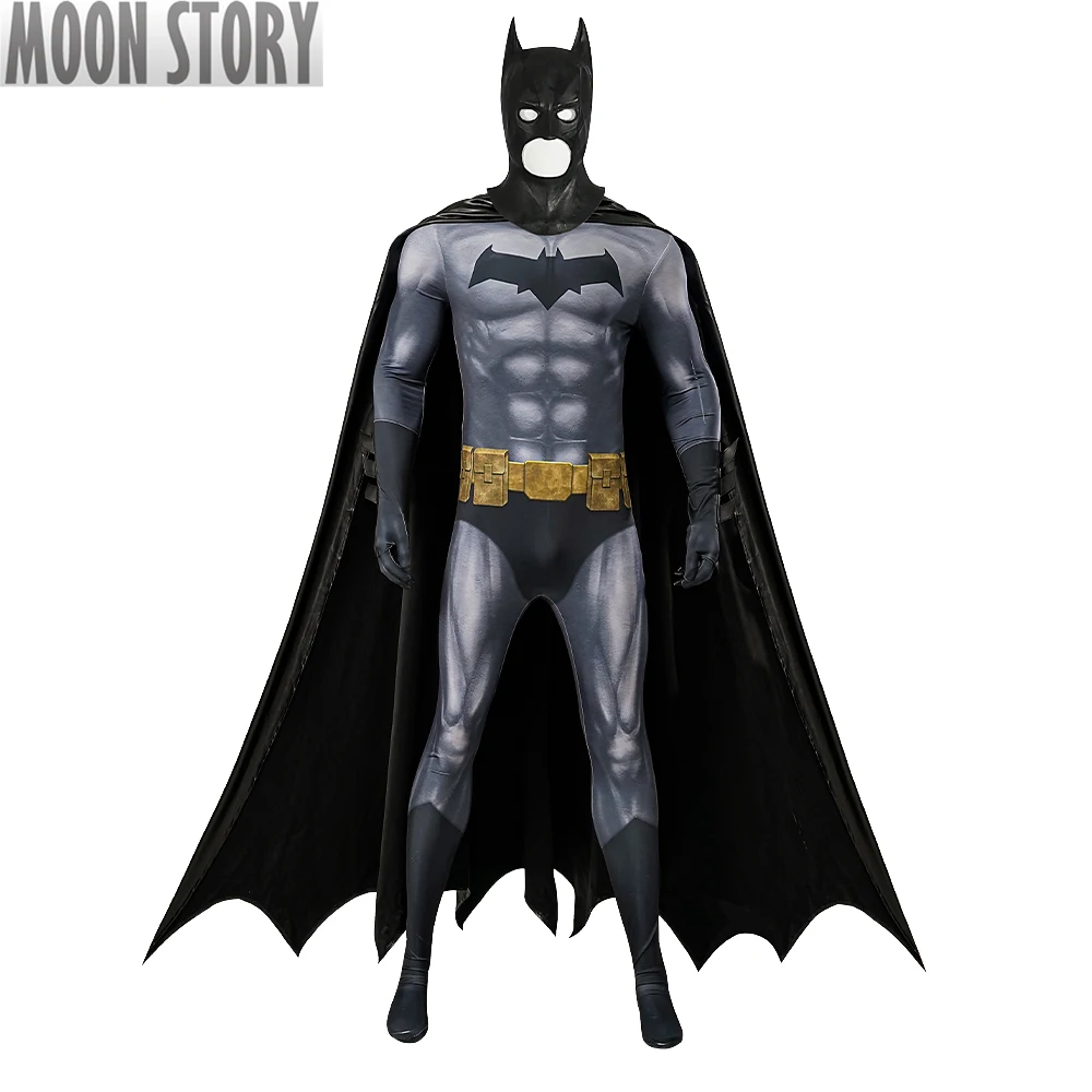 Anima Bat-traje de Cosplay de superhéroe Bruce para hombres adultos, mono gris, traje Zentai con capa, tocado, Carnaval y Halloween