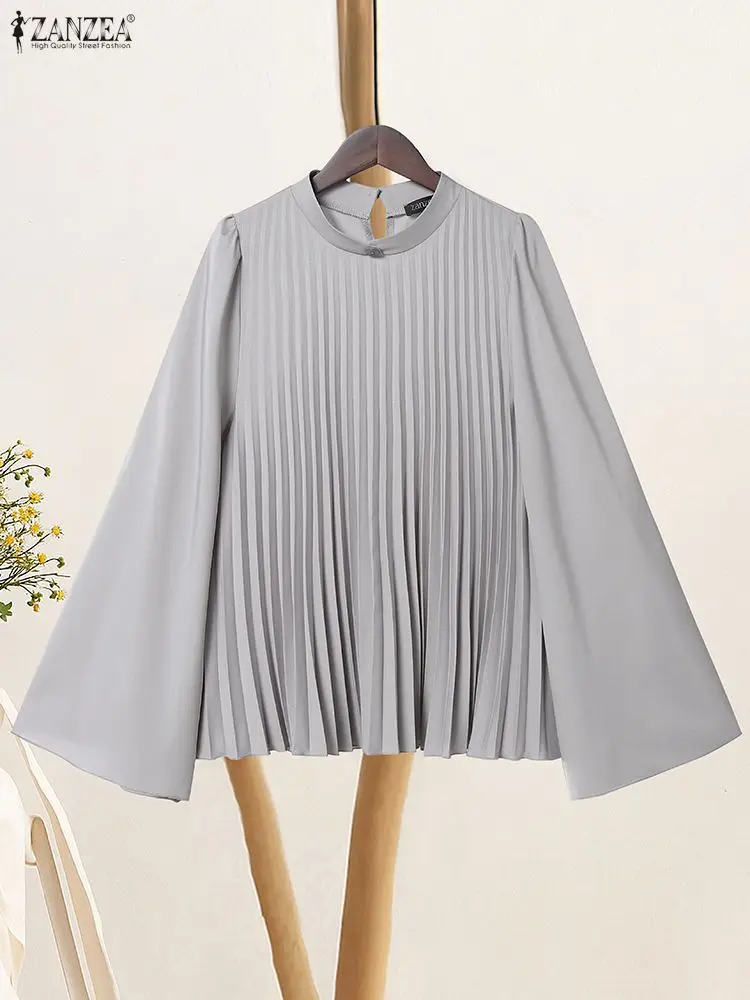 Femmes élégant Chic Plisse Blouses col montant manches longues évasées couleur unie hauts plissés ZANZEA automne mode femme vêtements