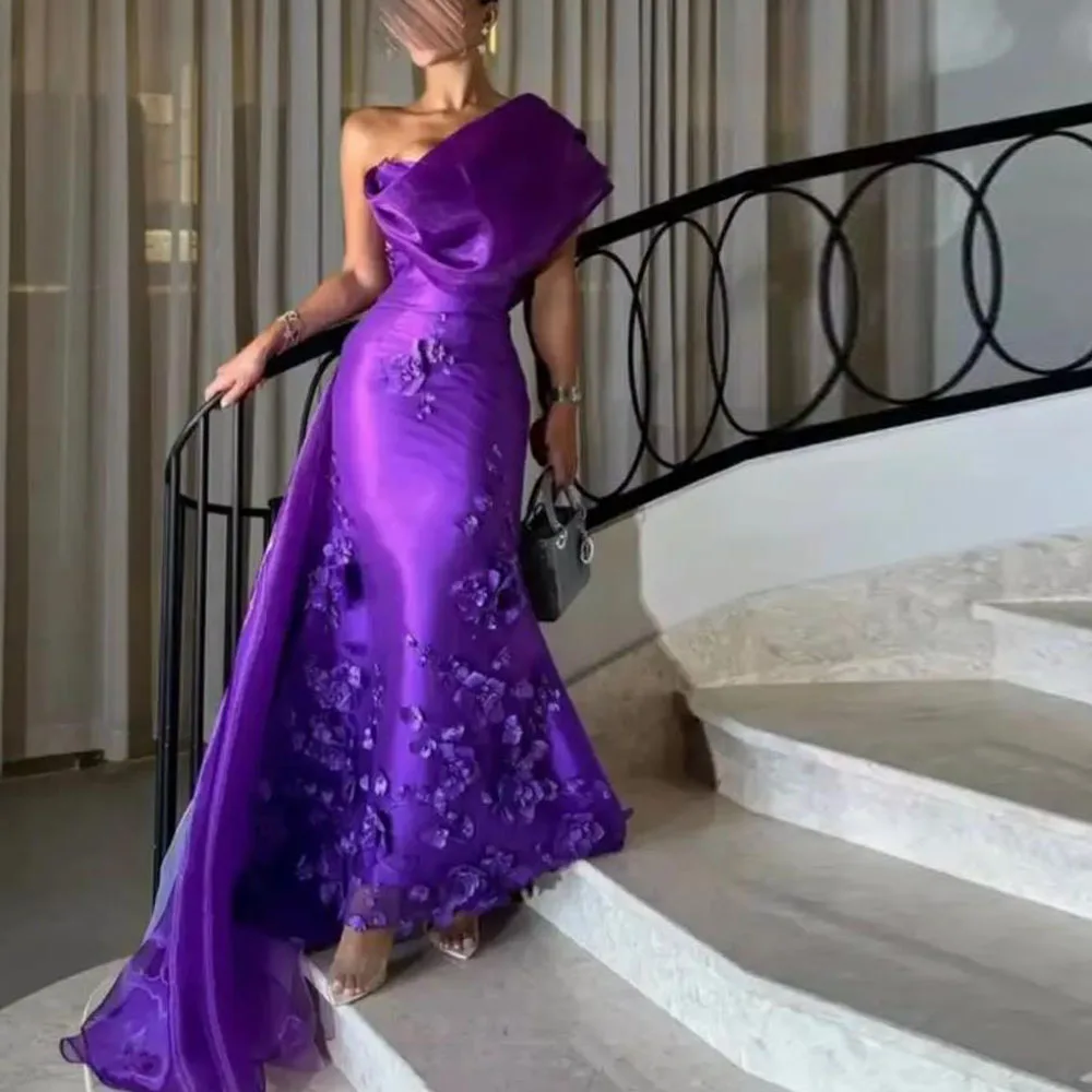 

Customized Floral Flower Evening Dresses One Shoulder Mermaid Special Occasion Dress for Women Purple Satin Dress with Train