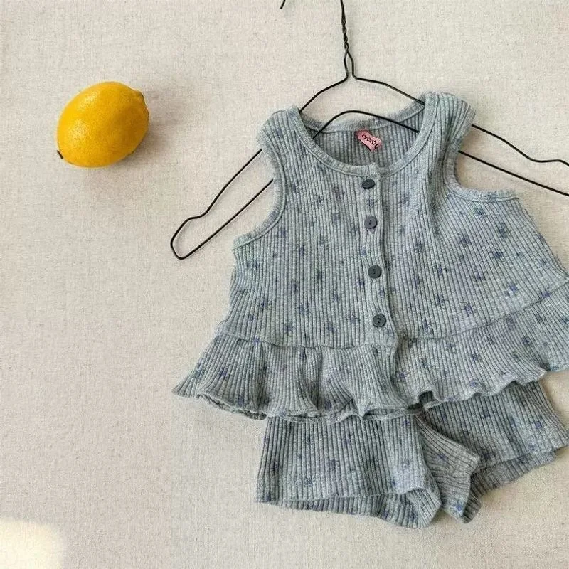 

Korean Style Baby Girls Summer Sets Sleeveless Printed Tops Shorts 2pcs Toddlers Kids Elastic Soft Outfits