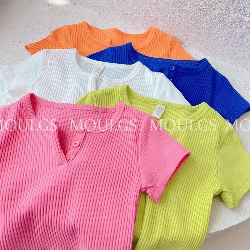 2024 Summer Girls Sweet Short Sleeve Thin Tee Candy Color