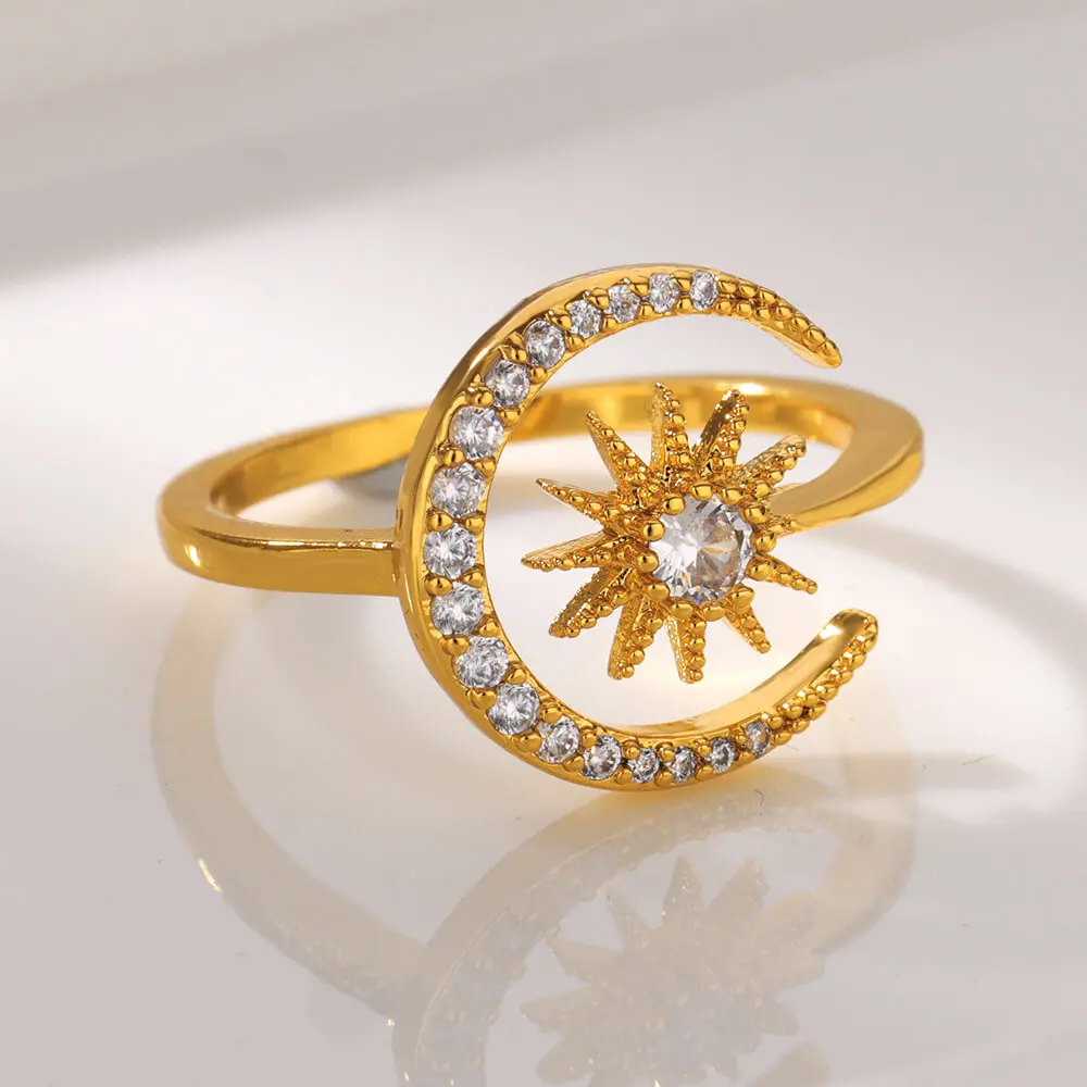 Gold Color Stainless Steel Geometric Rings for Women Zircon Heart Sun Moon Open Ring Fashion Aesthetic Jewelry Wedding Gift