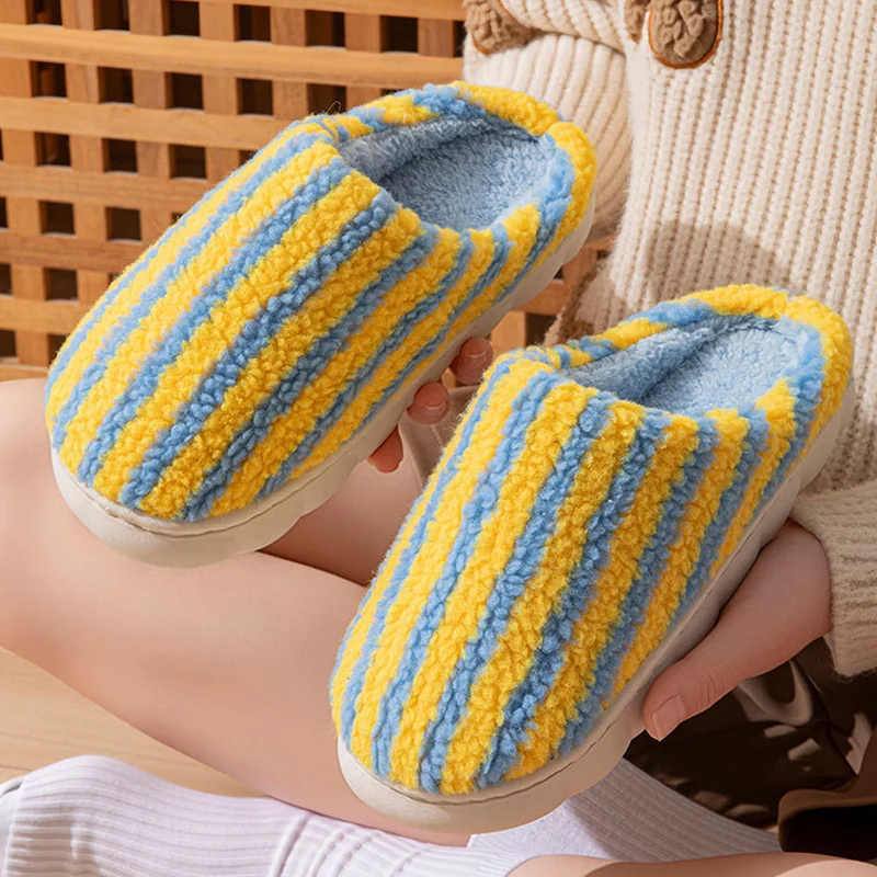 Winter Women's Plush Slippers Fashion Colorful Stripes Thickened Coral Fleece Warm Home Cotton Shoes Thick-soled House Slippers - Image 2