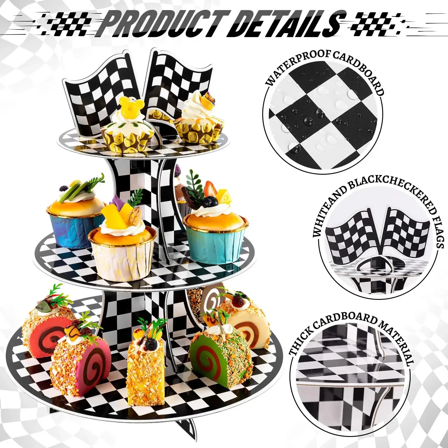 3 Tier Racing Car Theme Round Cupcake Stand for Happy Racing Cars Birthday Party Supplies Black and White Checkered Decorations