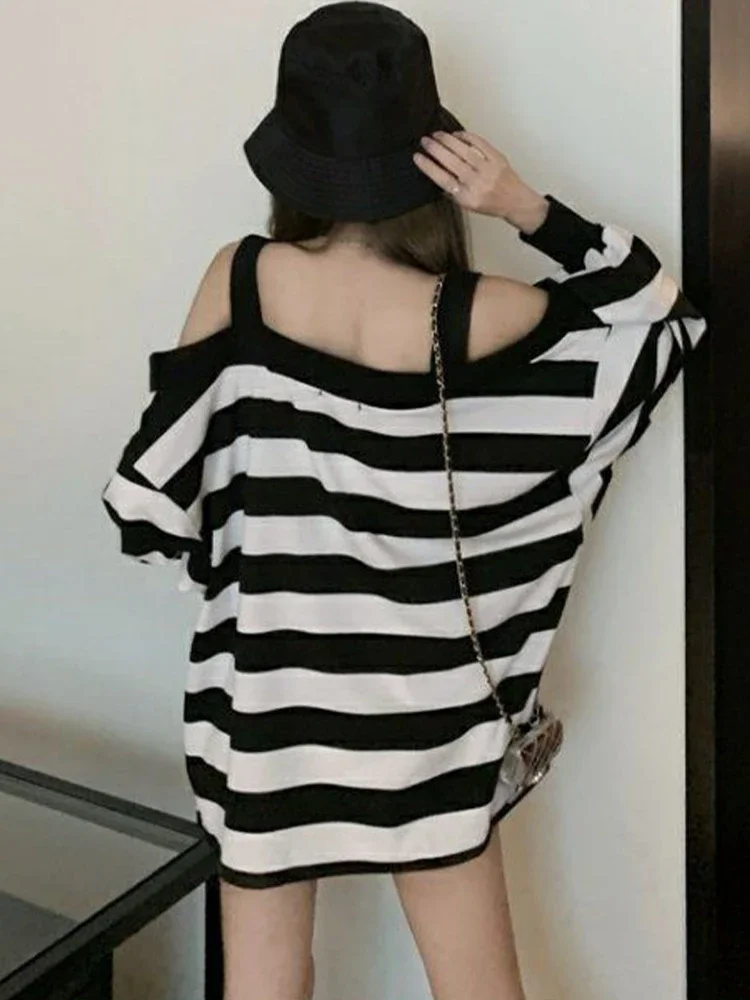 الكورية موضة قبالة الكتف مخطط تي شيرت المرأة البلوز القمم الإناث الخريف فضفاض عادية تيز سيدة شيك فانوس كم القمم #6