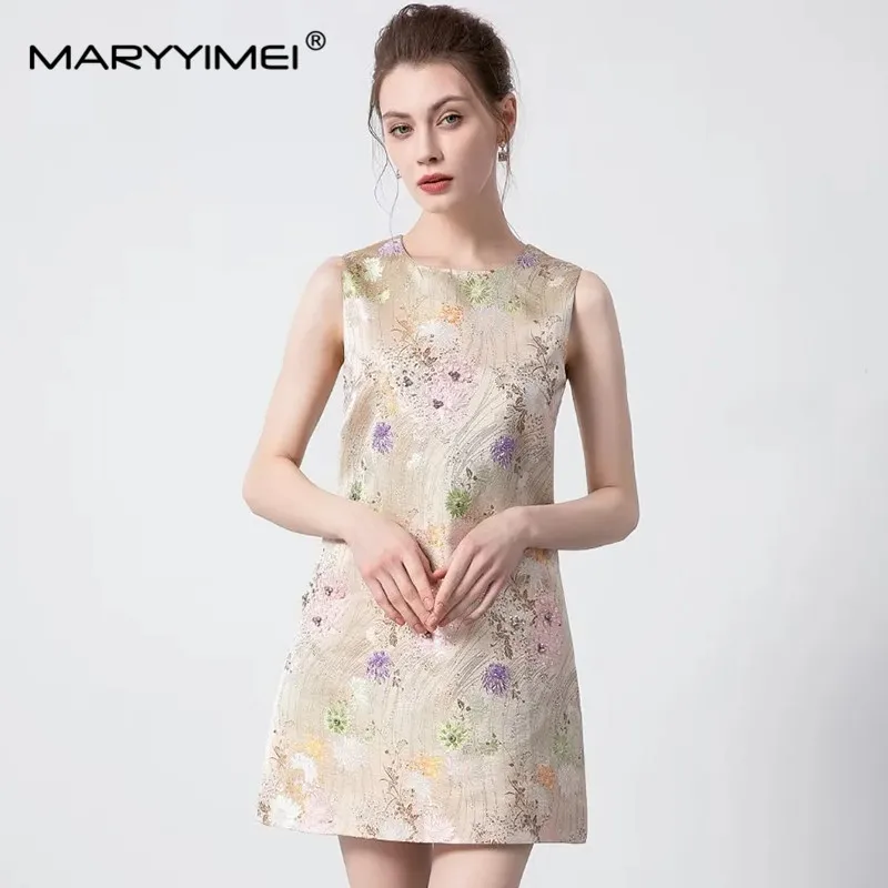 

MARYYIMEI Fashion Women's New Vintage Printed Sequin Diamond Nail Beads Jacquard Summer Elegant Floral A-Line Short Mini Dresses