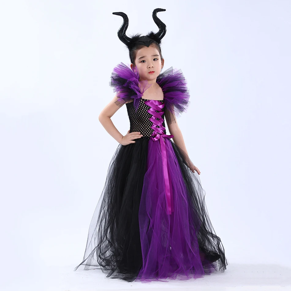 Girls Gothic Witch Costume Set Dark Fairy Tutu Dress with Horn Headband Wings Magic Staff  Crow Accessories for Halloween Party