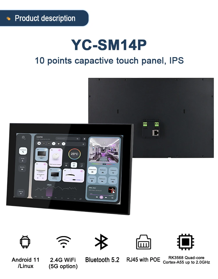 14 Inch IPS RK3568 Android Debian Interactive Display 2+16GB Home & Garage Digital Signage For Elevator Hotel IoT Automation CE