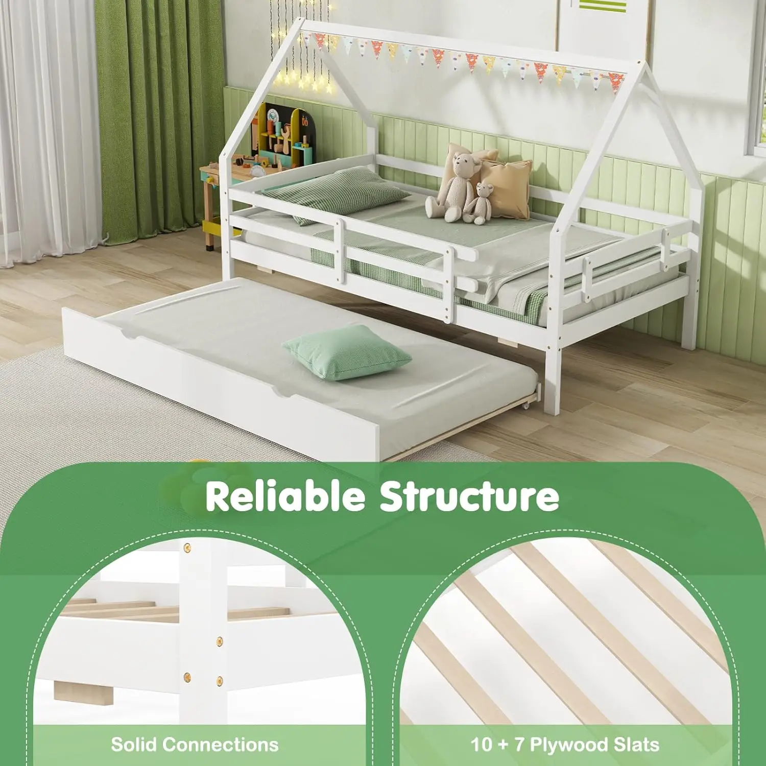 Cama de casa de tamanho duplo KOMFOTT com rodízio, estrutura de cama de madeira com trilhos de segurança e telhado decorável, estrutura de cama de plataforma de casa para crianças,