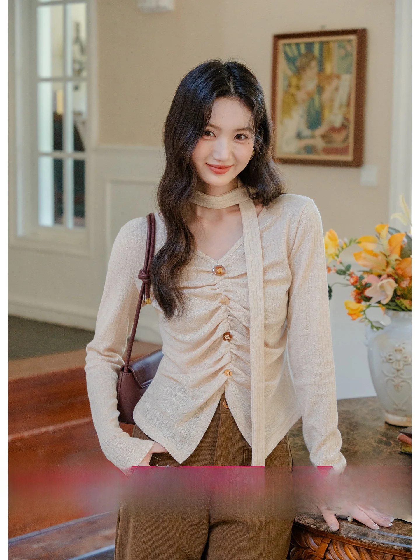 

Ele Long Sve V-Ne Knitted Top in Apricot for Women Unique Aosphere Sensation Beautiful And Sli Polyester Fiber