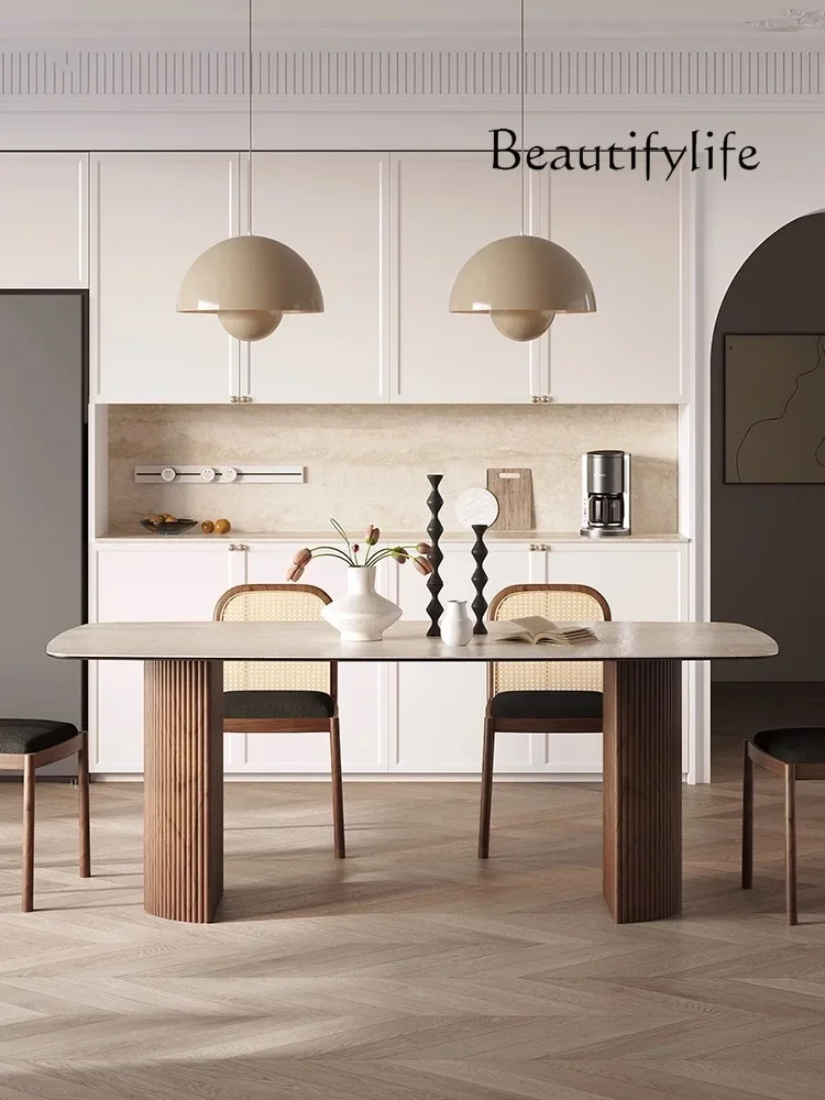 

NEW French retro travertine rock slab Italian small apartment dining room rectangular solid wood rock slab dining table