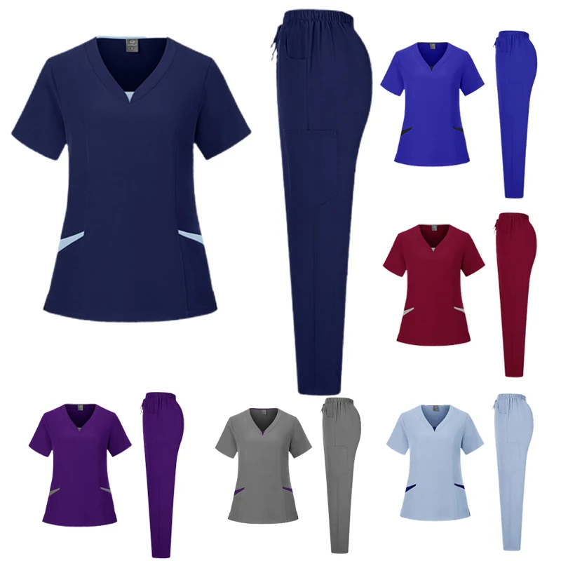 Anti-Wrinkle Premium Fabric Clinical Uniforms Washable Nurse Uniforms Medical Scrubs Sets Surgical Blouse Pockets Straight Pants