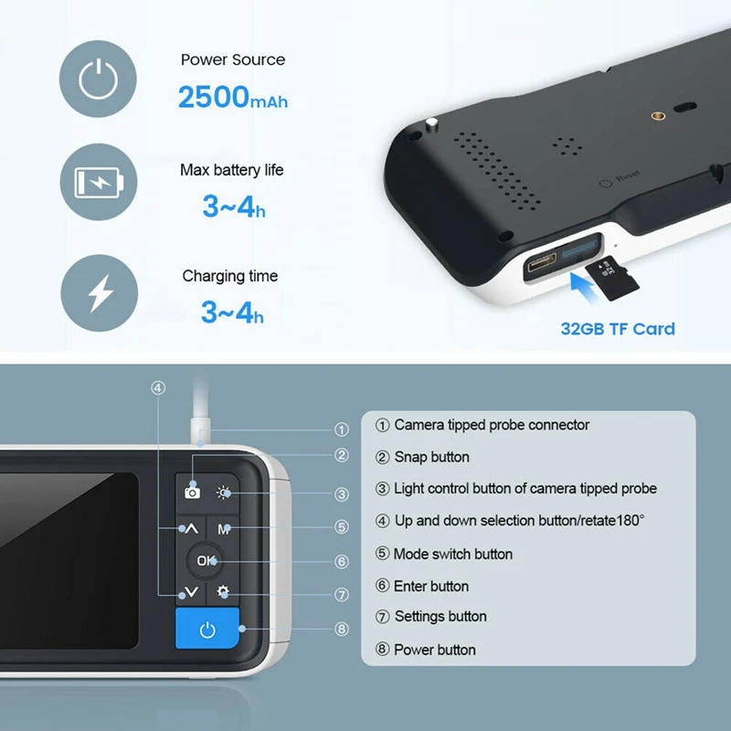 Otoscopio endoscopio de oído 3,9 Mm 4,5 IPS 1080P HD herramientas limpiadoras de extracción de cera con batería recargable de 2500Mah