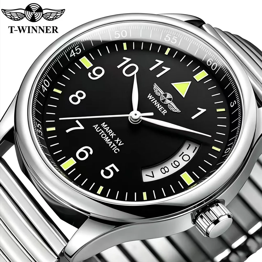 T-WINNER New Fashion Man Watch Calendar Automatic Mechanical Clock Luminous Stainless Steel Spring Bracelet Waterproof Men Watch