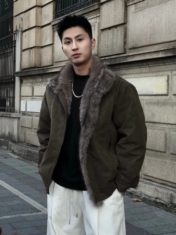 

American High Street Sle Men's ort Cotton Jaet Thi Warm Fur Collar Winter Coat Leather And Fur Inteated Outerwear