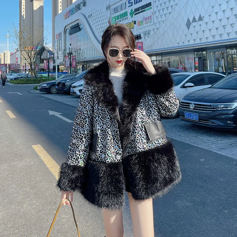 Fashion Sequins Leopard Patchwork Faux Fur Lapel Female Fur Coat Winter Casual Long Sleeve Warm Imitation Rabbit Fur Outerwear