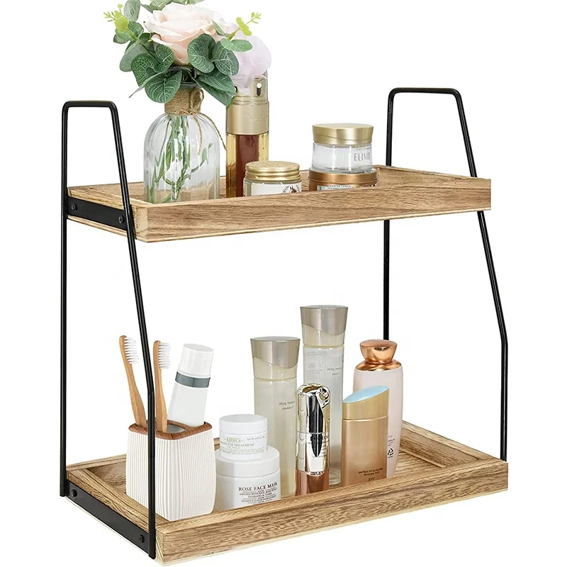 Best selling wooden spice bottle holder 2 tier bathroom rack wood kitchen storage and countertop shelf organizer