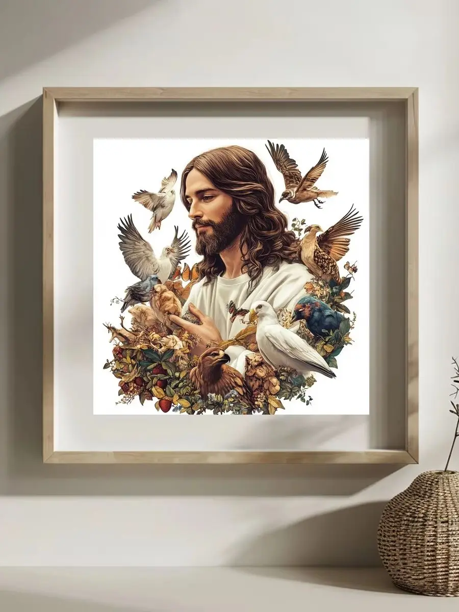 1 Stück 30x30 cm/11,8 Zoll, 11Ct/14Ct Kreuzstich-Set, DIY Valentinstagsgeschenk, Stickerei-Set für Festlichkeiten, Jesus mit Vögeln und Blumen – Detail 1