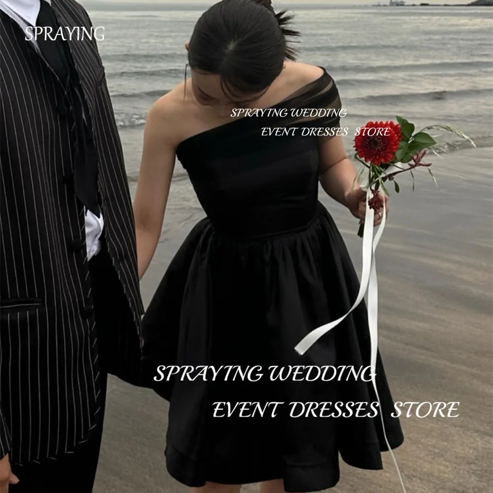 

SPRAYING Korean Wedding Photography Simple One-Shoulder Bridal Gown A-line Knee-Length Wedding Dress Women Black