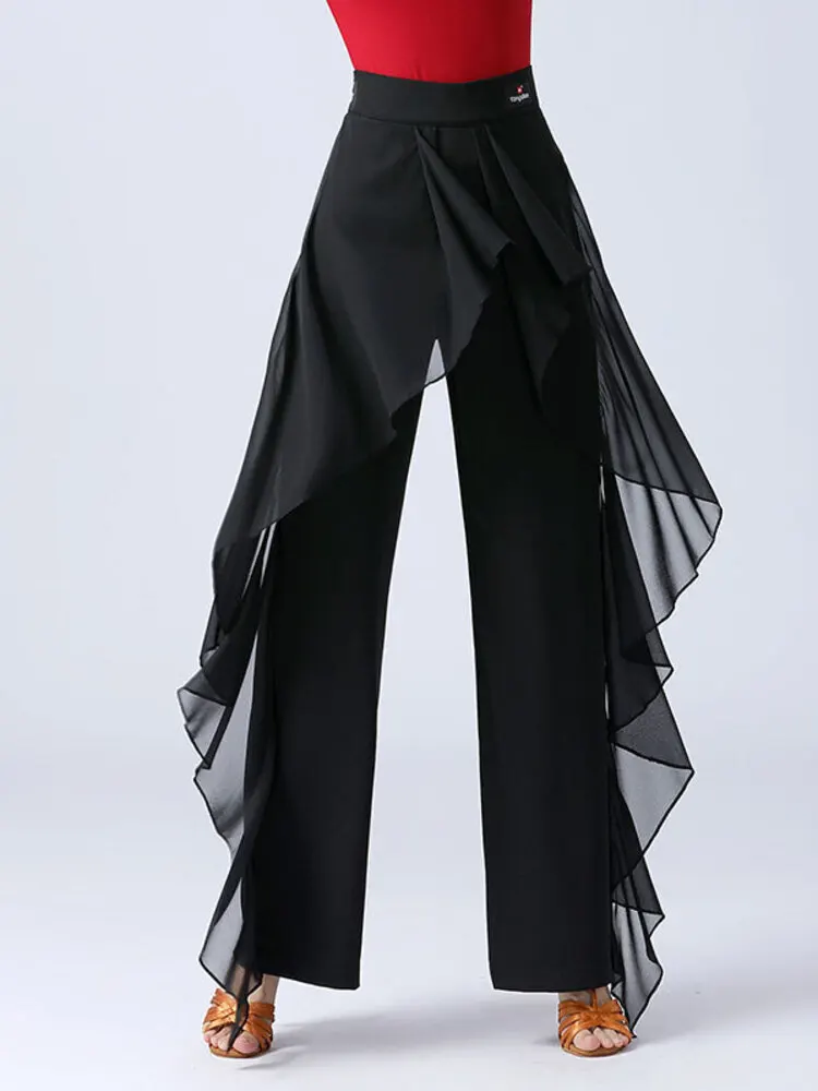 ソリッドカラー社交ワルツパンツダンスウェア高級クラシックハイウエスト競技ラテン女性フリル標準ジャズズボン