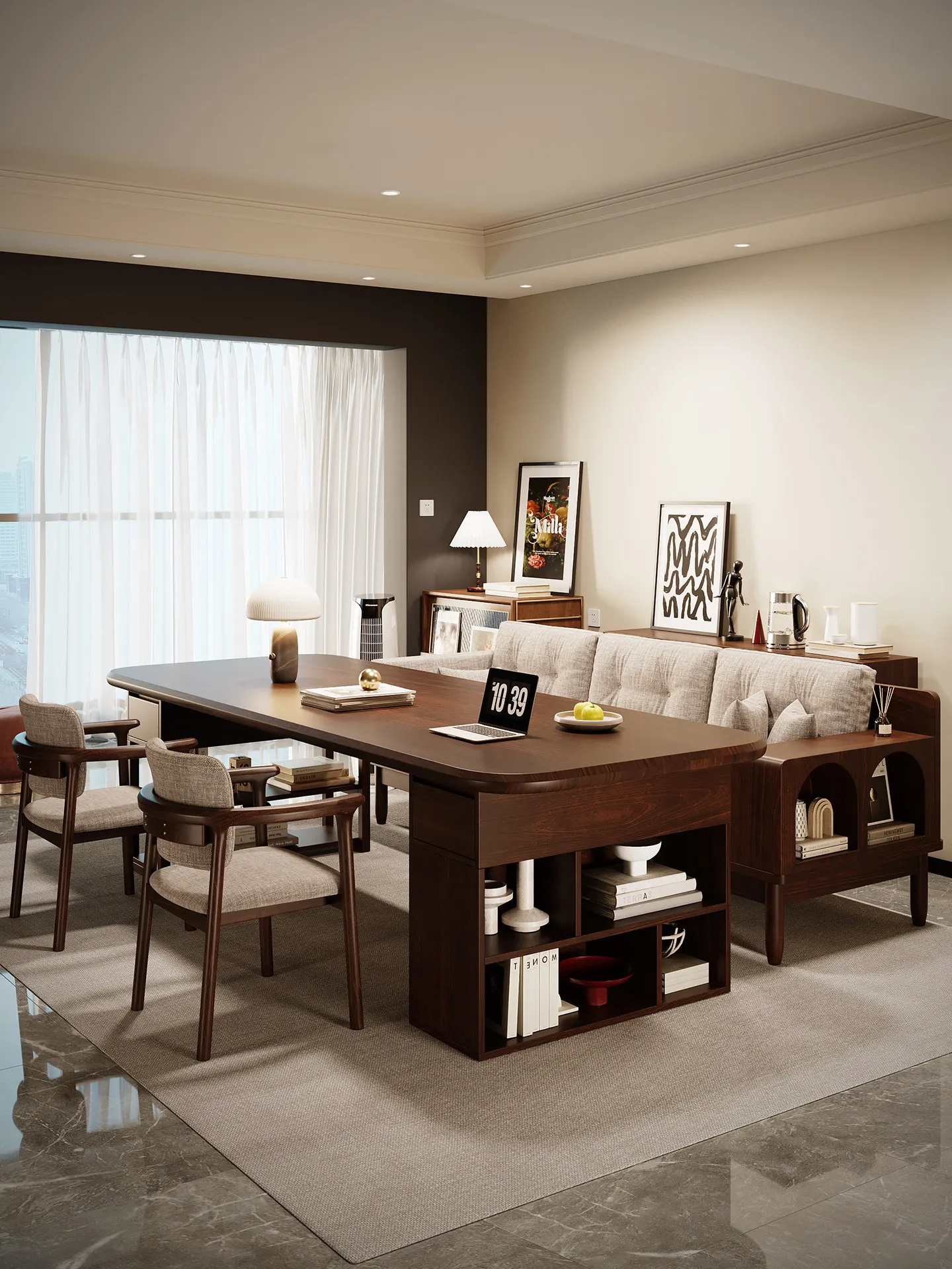PYH walnut living room solid wood large long desk bookshelf integrated workbench reading study table desk