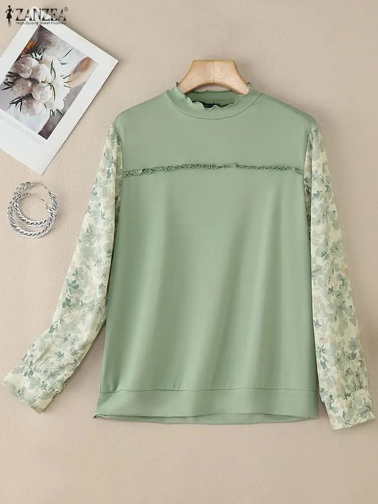 

ZANZEA 2021, стильная осенняя блузка, женская элегантная офисная рубашка, топы с длинным рукавом и цветочным принтом, воротник-стойка, Blusas Tunic Mujer