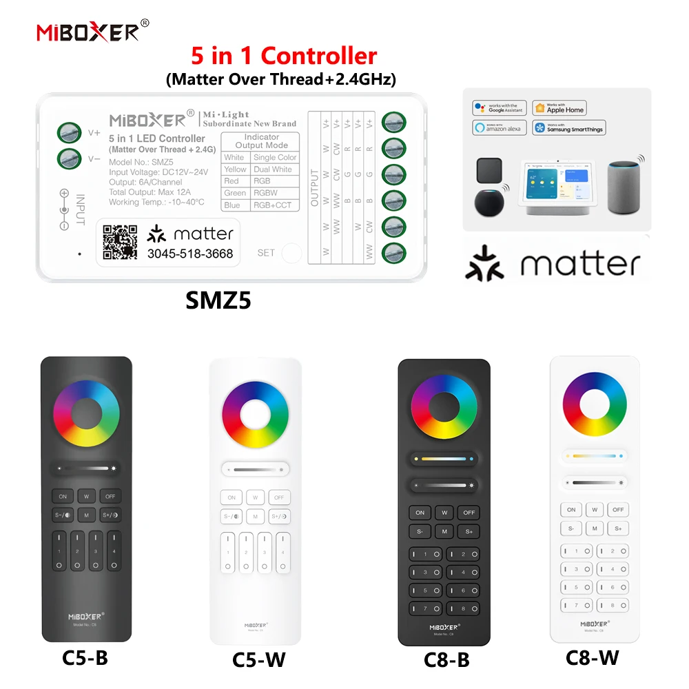 Miboxer SMZ5+C8 DC12-24V 5in1 Controller Matter Over Thread+2.4GHz Tuya APP WIFI Single/Double Color RGBW RGBCCT LED Strip Light
