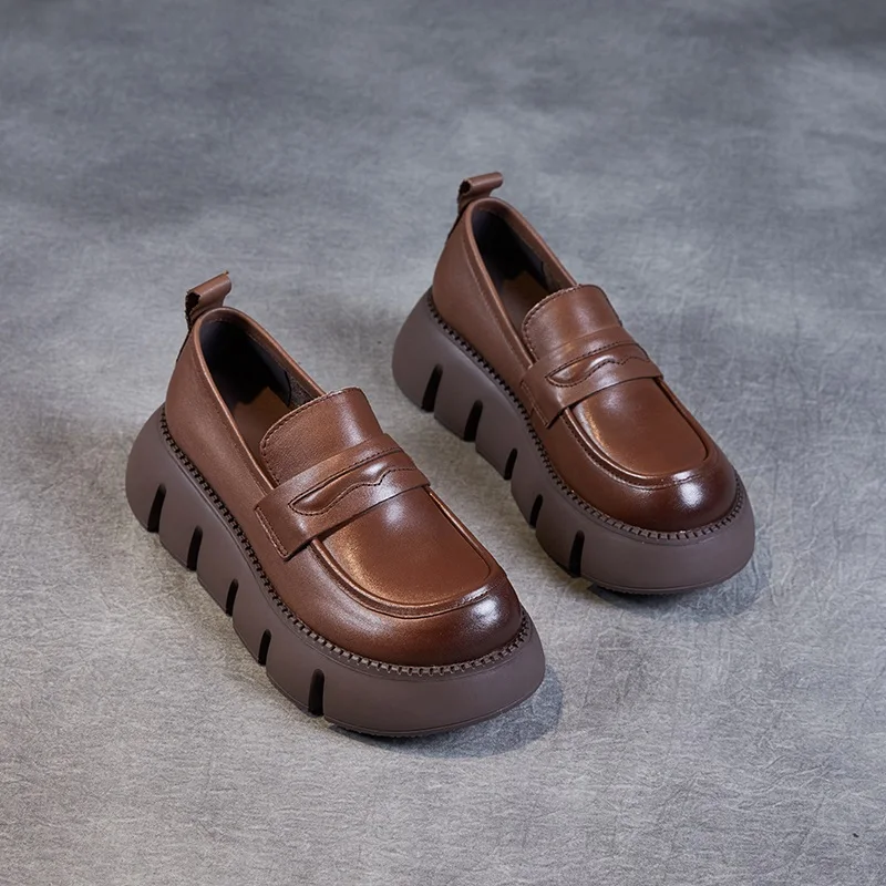 DRKANOL Fashion Women Wedges Heel Shoes 2025 Spring Thick Bottom Chunky Platform Round Toe Slip On Casual Loafers Retro Shoes