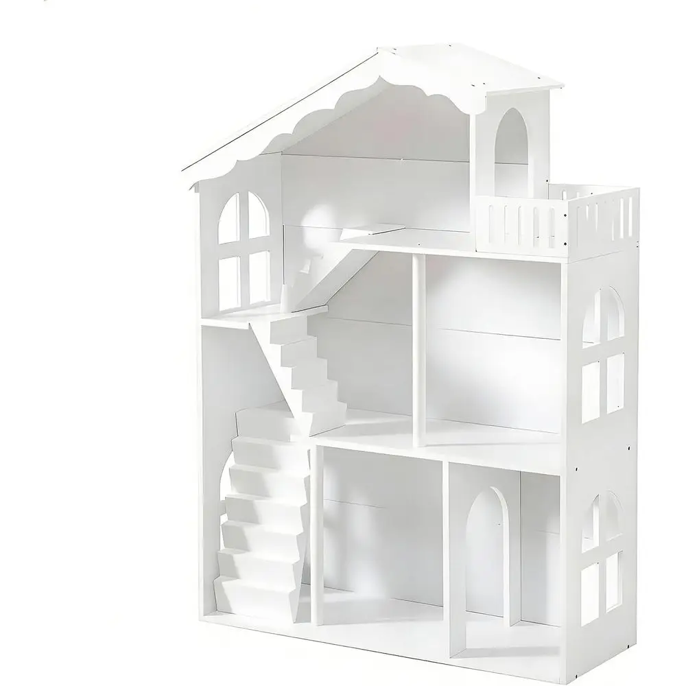 

White 3-Tier Wooden Dollhouse Bookshelf with Movable Stairs, 45.67 Height for Storage and Display