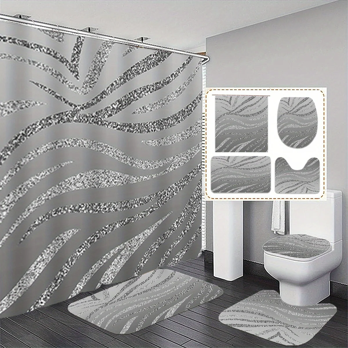 

Набор из 4 предметов для ванной комнаты с серым зебровым узором - водонепроницаемая занавеска для душа, напольный коврик, крышка унитаза - современное минималистское украшение для ванной комнаты