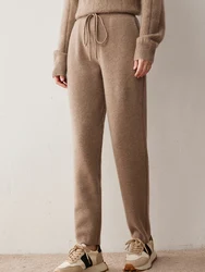 Women Cashmere Pencil Pants Drawstring Elastic Waist Trousers Autumn Winter 100% Cashmere Knit Thick Casual Pockets Simple Pants