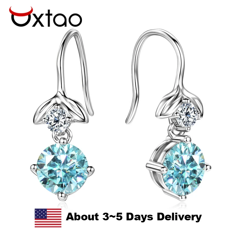 

OXTAO 5mm&3mm Blue White Moissanite Dangle Hook Earrings for Women 925 Sterling Silver Drop Earrings Elegant Party Jewelry Gift