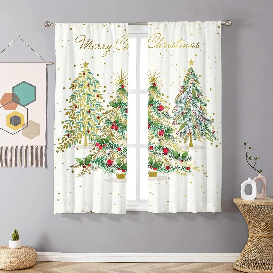 2PCS Digital Print Curtains, Gold Green Watercolor Christmas Trees Merry Christmas Text on White, Elegant Festive Style - Christ