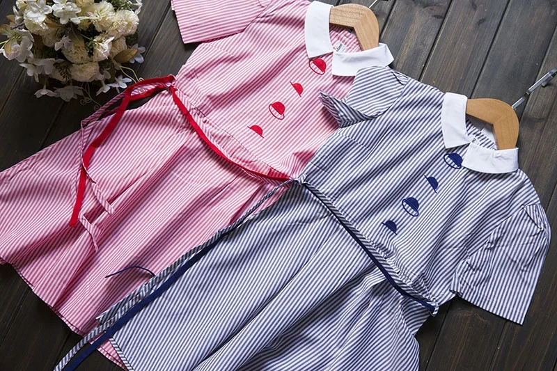Vestido de Verão Retro Listrado de Manga Curta para Crianças Grandes em Tecido de Algodão Moda Infantil para Meninas