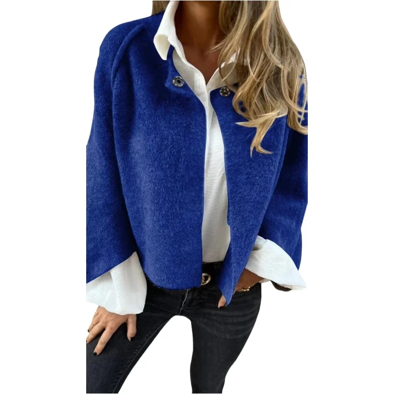 Women\'s Loose Short Cashmere Fabric Bat Sleeve Women\'s Solid Color Button Long Sleeve Jacket Women Short Down Coats Outwear Trf