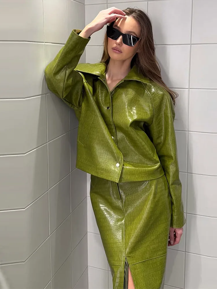 Chic Croc Faux Leather Jacket Skirt Suit Women Autumn Full Sleeve Coat High Waist Split Midi Skirts 2026 Autumn Outwear Lady New