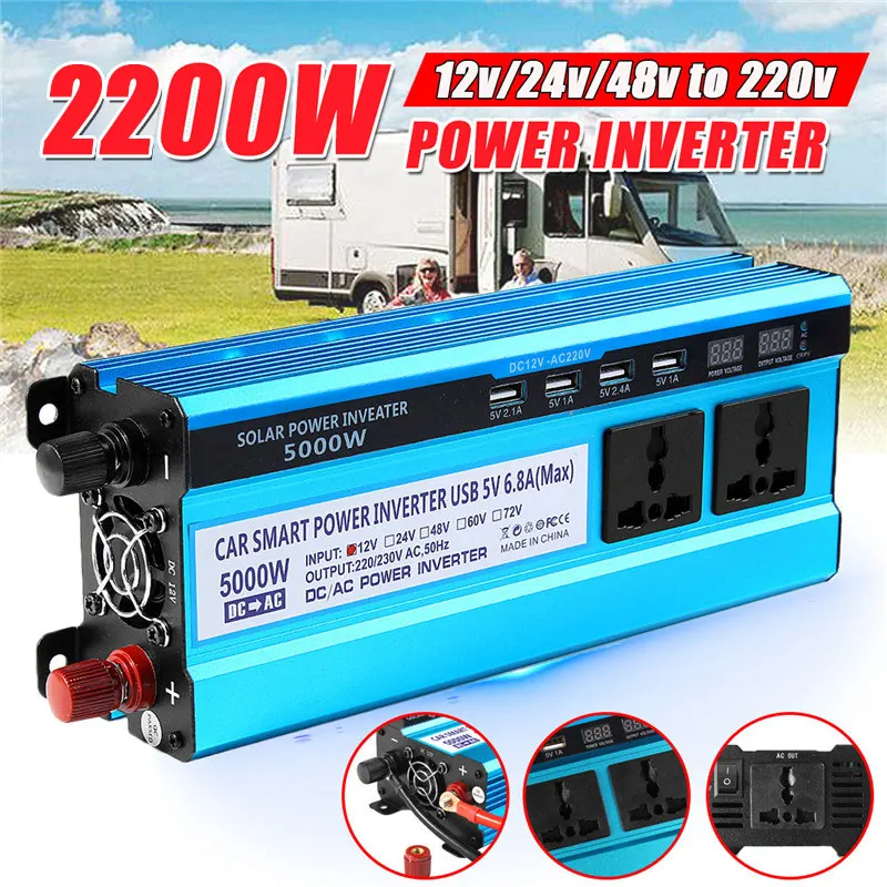 2200W Car Inverter DC12/24/48V To AC220V Voltage Transformer Power Convertor Double LCD Display 4USB Modified Sine Wave Inversor