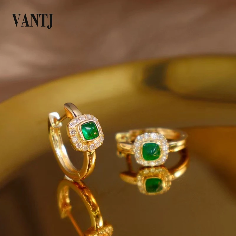 

VANTJ Real Natural Emerald Earrings Sterling 14k Gold Diamionds 0.12ct Sparking Jewelry for Women Wedding Birthday Party Gift