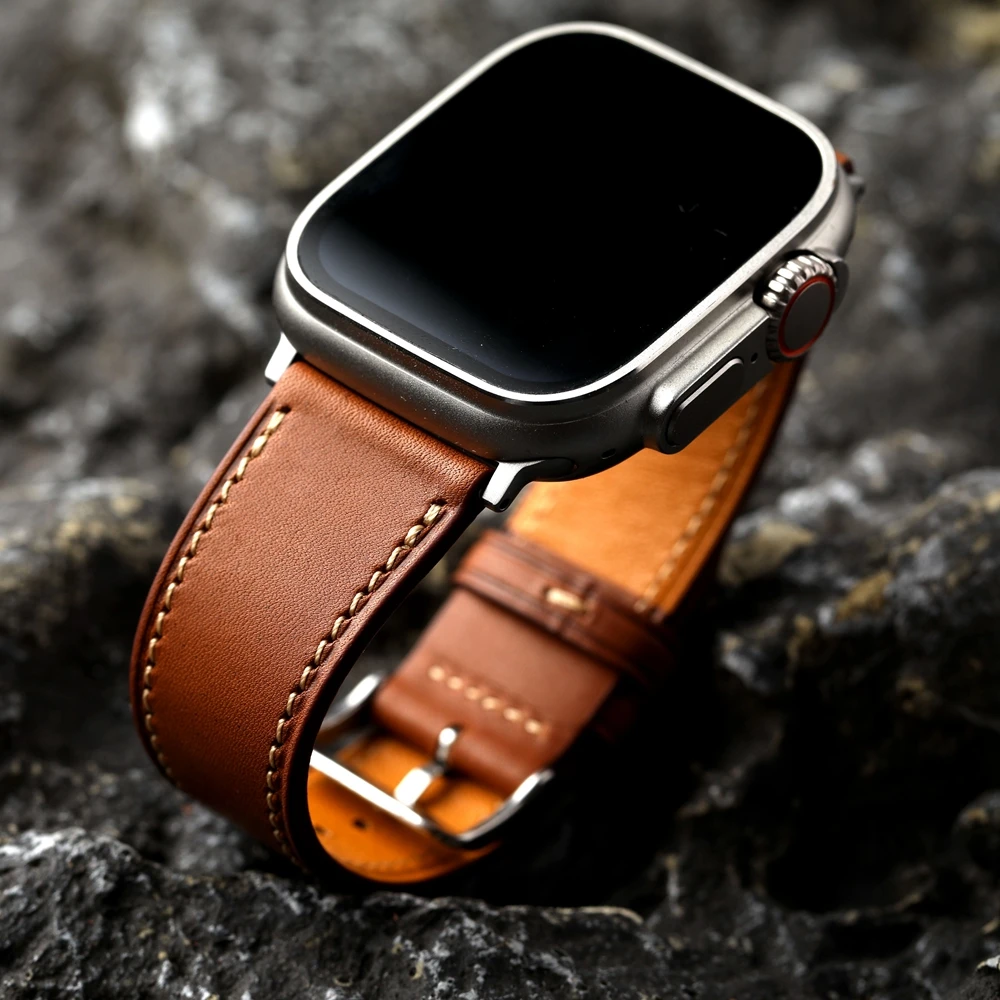 Hochwertiges französisches Oberschicht-Rindslederarmband, kompatibel mit Apple Watch 49 mm, 46 mm, 45 mm, 44 mm, weiches Lederarmband, Retro-Stil