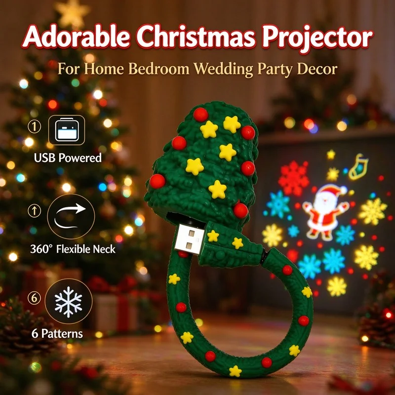 2026 New Christmas Tree Shape Projector Light USB Flexible Neck 6 Xmas Films Projector Night Light For Xmas Home Bedroom Decor