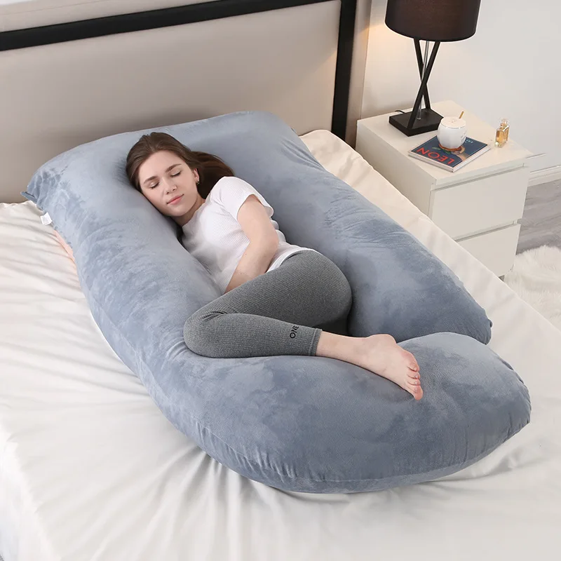 Bantal Hamil Kristal Beludru Tipe J Bantal Menyusui Penyangga Perut Inti Tidur Samping Bantal Pelindung Pinggang