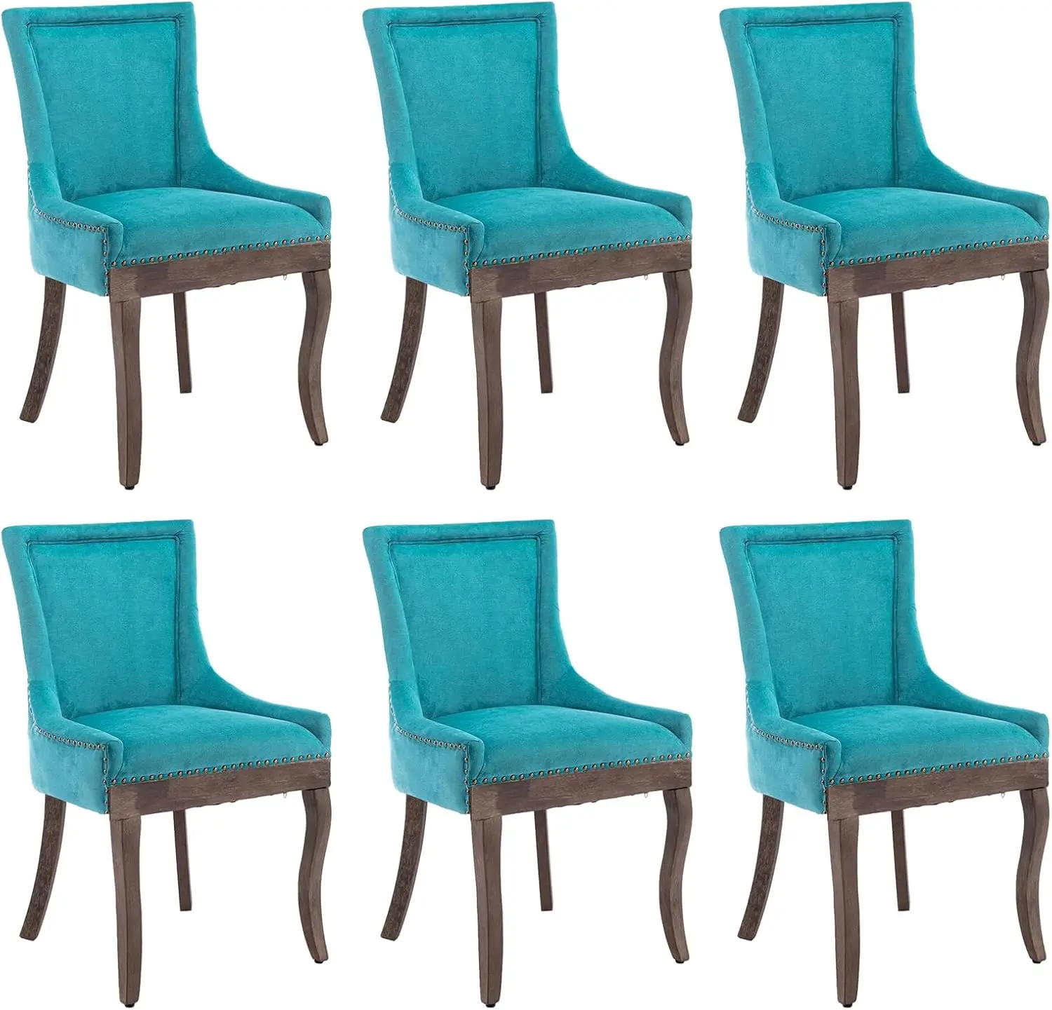 Fabric Farmhouse Upholstered Side Chairs Set of 6 Vintage Solid Wood Kitchen Dining Room Chairs Nailheads Solid (Lake Blue)