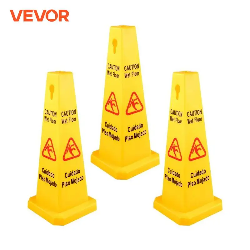 VEVOR 3/6 Pack Floor Safety Cone 4 Sided Yellow Caution Wet Floor Signs Bilingual Safety Wet Floor Cones for Indoors & Outdoors