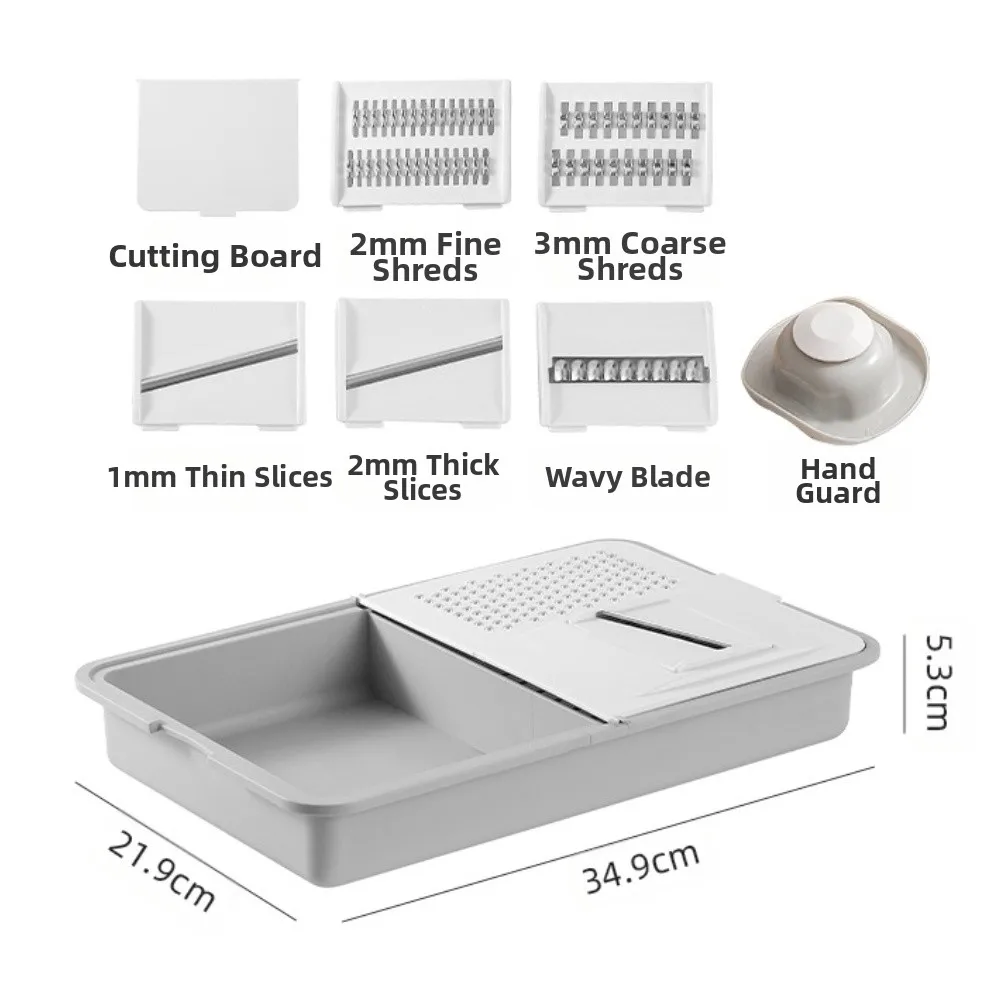 

6 in 1 Multi Blade Grater Shredder with Plastic Drain Basket and Flip Cutting Board for Slicing Grating and Storage
