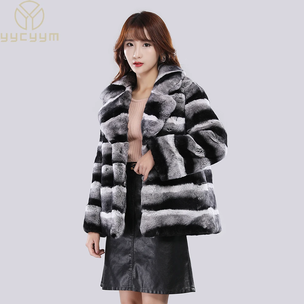 2024 Winter Women Real Fur Coat Large Lapel Collar Short Rex Rabbit Jacket Full Pelt Fur Chinchilla Color Thick Warm Women Coat