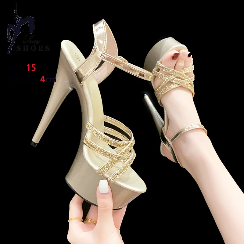 Gold Platform Summer Sandals Woman Luxury Banquet Shoes Designer Shiny Sequin Stiletto High Heels Women 12CM Narrow-band Sandals