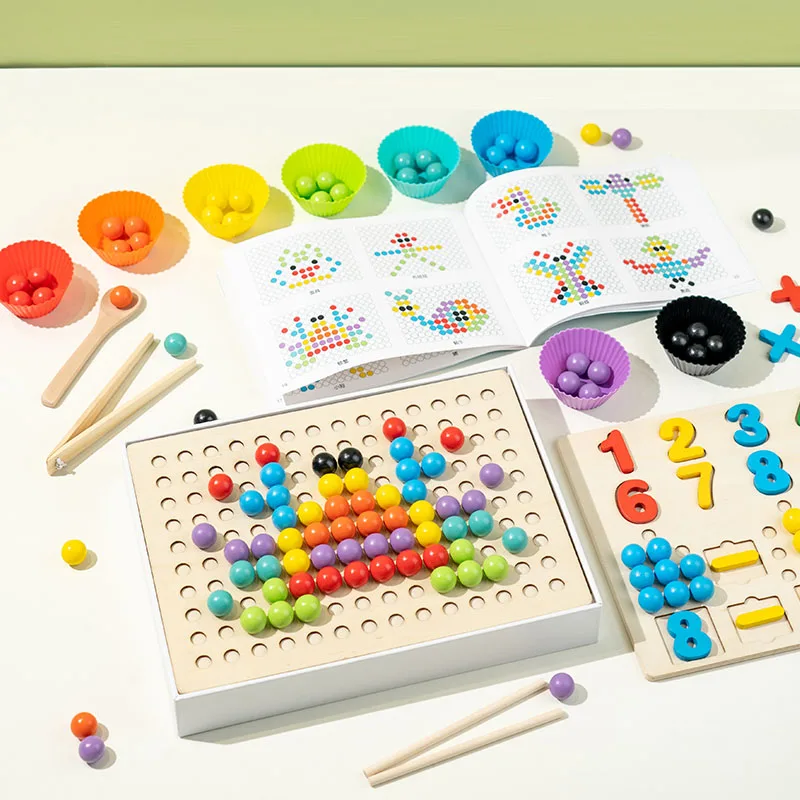 Jogo de correspondência de números de madeira azul com contas de clipe - brinquedo educativo para jovens, melhora as habilidades matemáticas