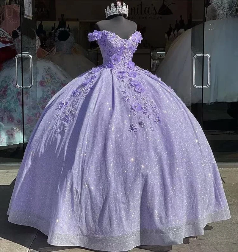 Bealegantom Lilac Sequins Quinceanera Dresses for 15 Year Ball Gown V Neck Off the Shoulder Sweet 16 Long Prom Party Gown