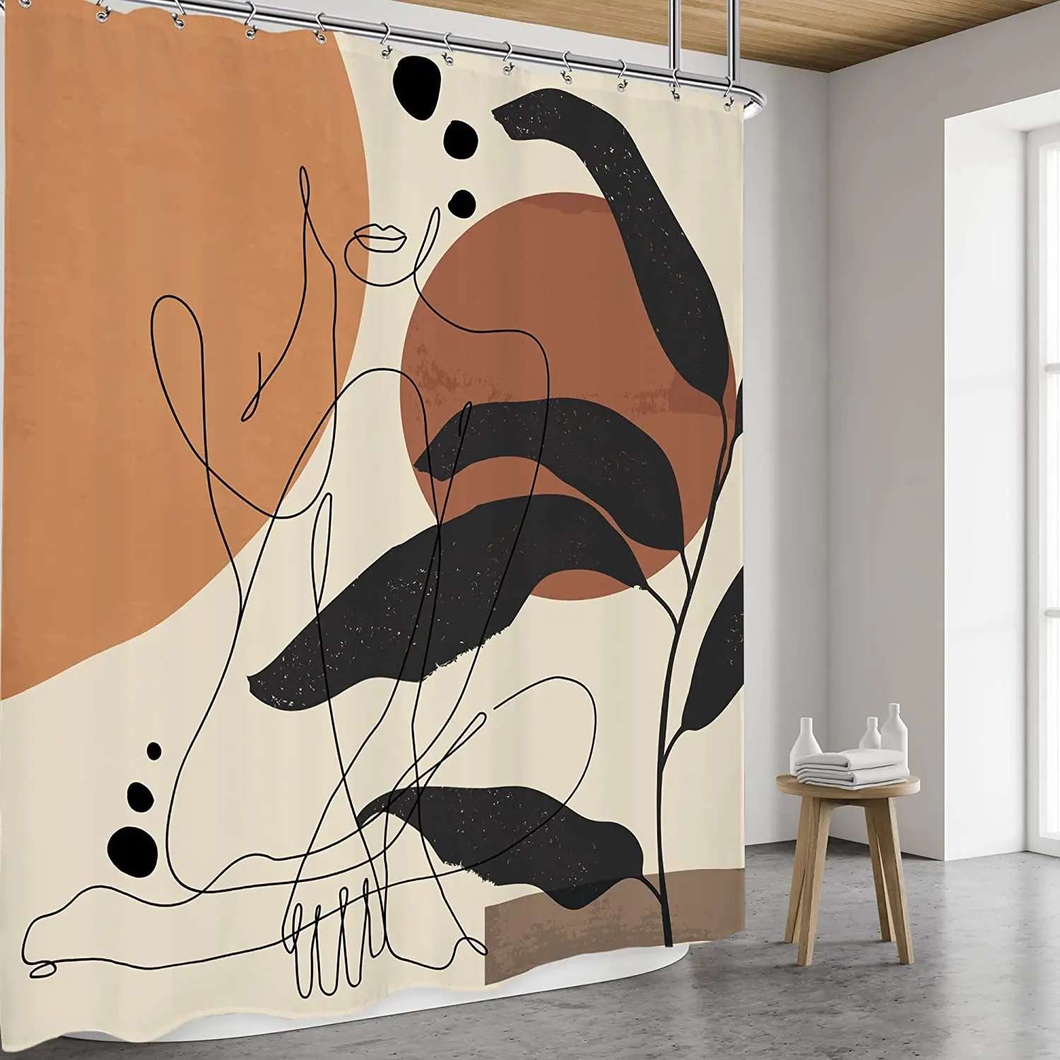 Abstract Woman Shower Curtain Leaves Minimalist Mid Century Contemporary Line Shapes Terracotta Modern Aesthetic Bathtub Decor